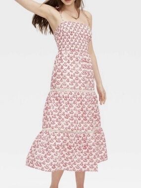 Roller Rabbit Pink Floral Smocked Tiered Midi Dress